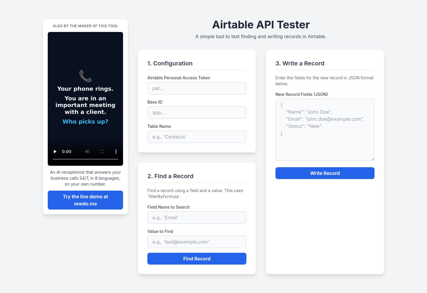 Airtable API Tester — enter a personal access token, base ID and table, then find a record or write a new one as JSON