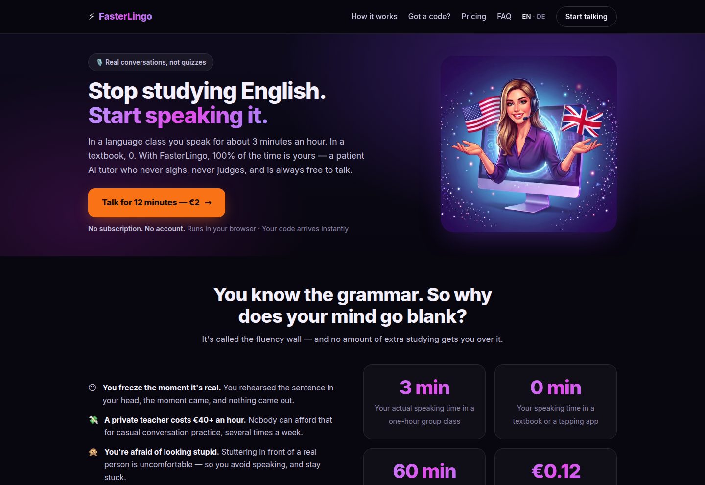 FasterLingo — speak English with an AI tutor, 100% speaking time, no subscription, from €2