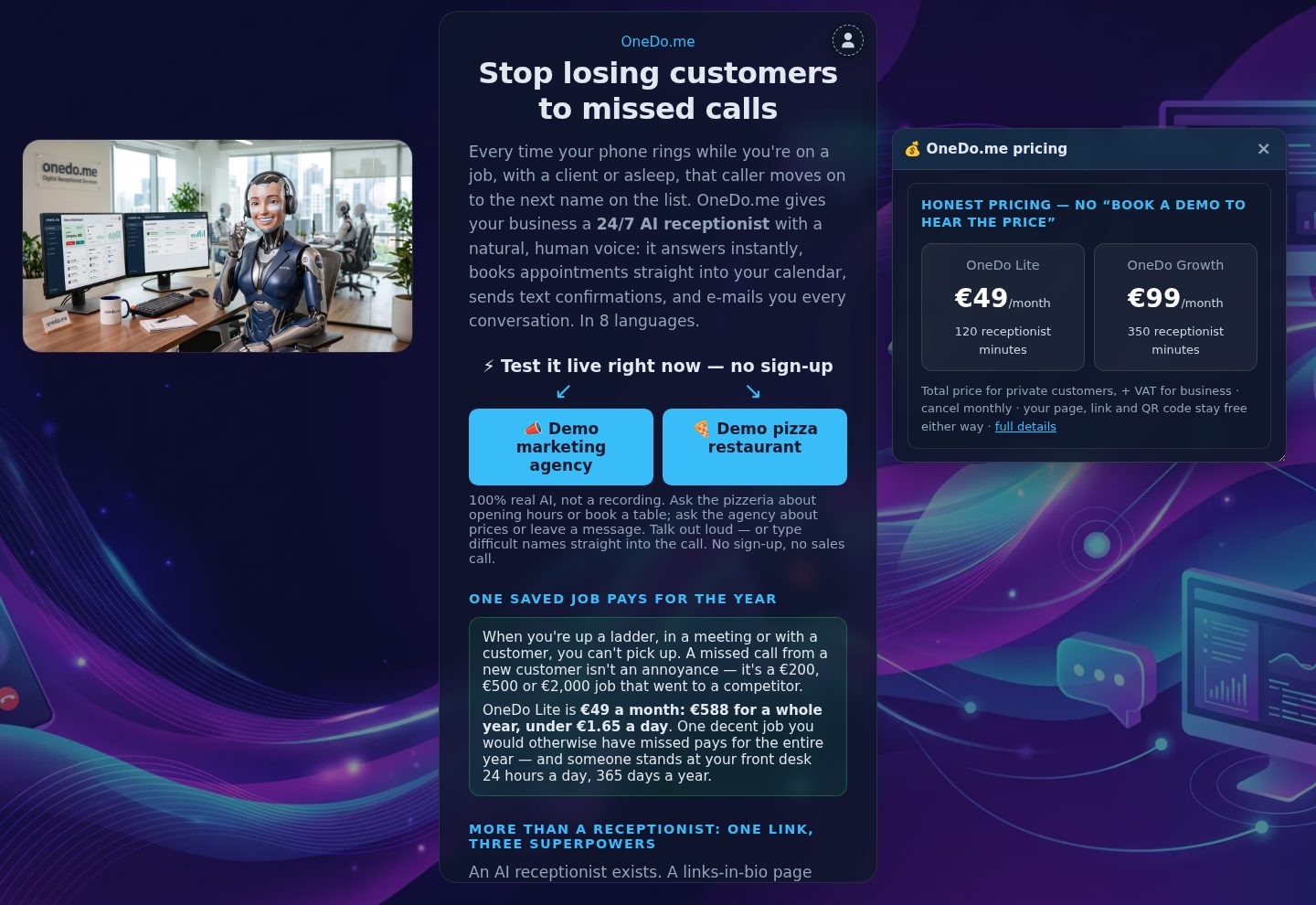 OneDo.me — a 24/7 AI receptionist that answers your business calls in the browser, with live demo buttons and transparent pricing